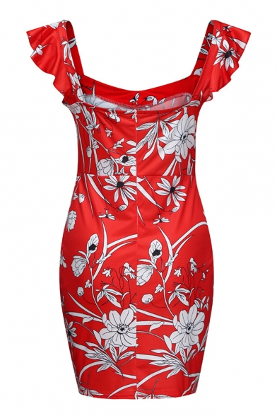 New Stylish Floral Print Ruffle Square Neck Sleeveless Open Back Mini Bodycon Dress