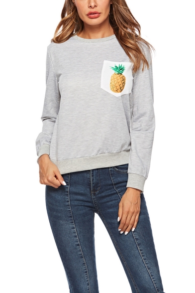 New Stylish Pineapple Print One Pocket Chest Round Neck Long Sleeve Gray Sweatshirt
