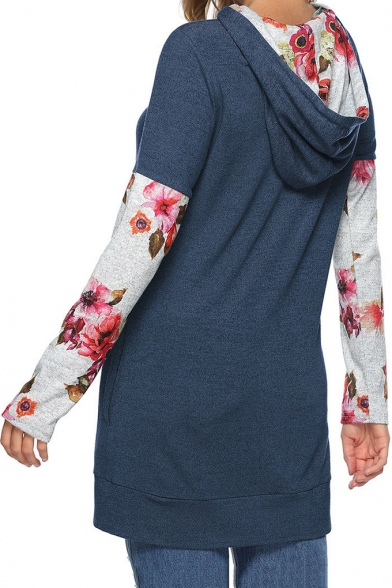 New Stylish Women's Floral Patched Drawstring Hood Long Sleeve Longline Hoodie