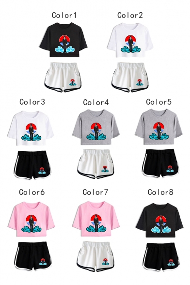 New Trendy Comic Character Cloud Printed Short Sleeve Crop Tee with Dolphin Shorts Two-Piece Set