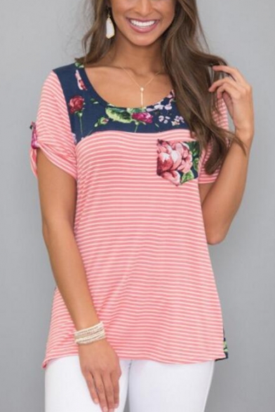 New Trendy Red Round Neck Short Sleeve Floral Print Patch Stripes Cotton Tee For Women