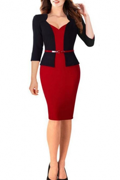New Trendy Sexy V-Neck Three-Quarter Sleeve Fake Two-Piece Office Lady Midi Pencil Dress