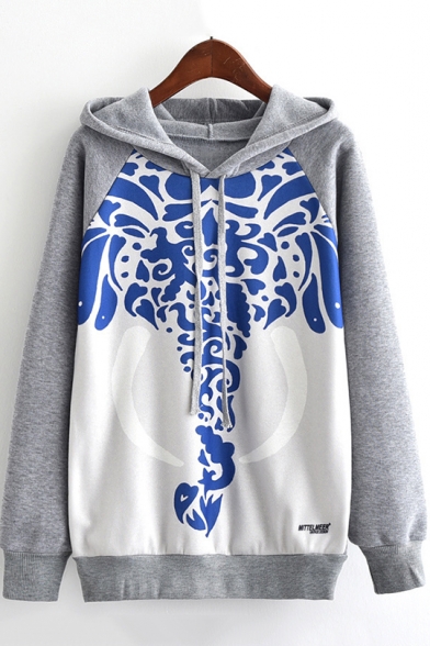 Novelty Blue and White Porcelain Elephant Printed Drawstring Hood Long Sleeve Fleece Hoodie