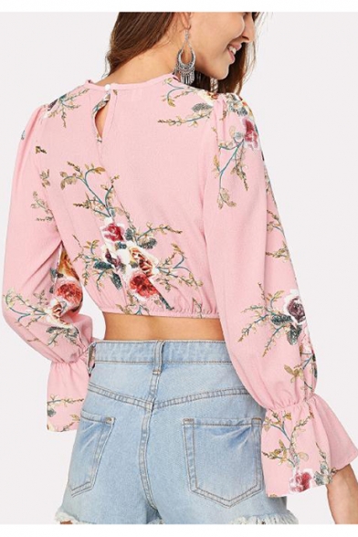 Pink Floral Pattern Cutout V-Neck Long Sleeve Cropped Blouse Top