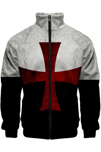 Popular Knights Templar Red Cross Print Stand Collar Black and White Zip Up Jacket