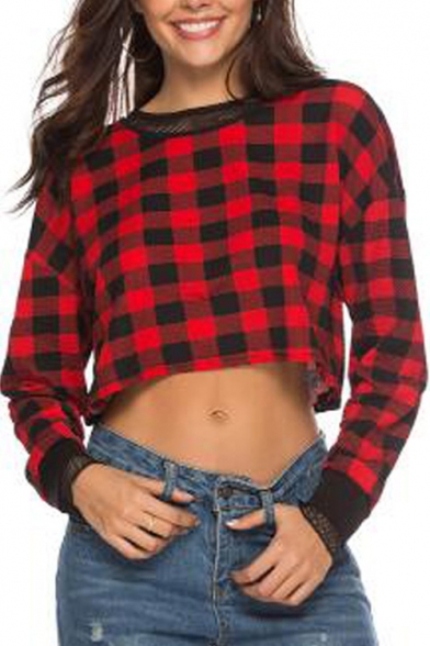 Red Plaid Print Mesh Contrast Trim Round Neck Long Sleeve Crop Tee Top for Women