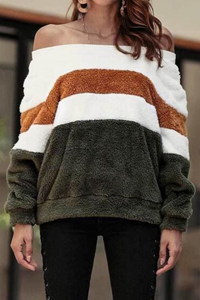 Sexy Color Block Off the Shoulder Long Sleeve Fluffy Fleece Sweatshirt