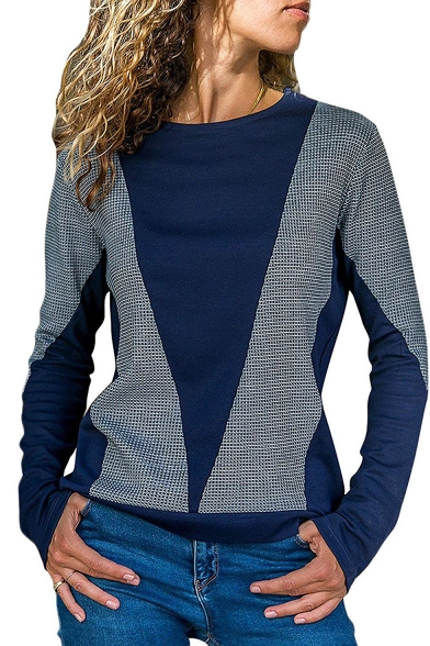 Stylish Color Block Basic Round Neck Long Sleeve Casual Loose Navy Sweatshirt