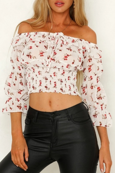 Stylish Floral Printed Tied Off the Shoulder Chiffon White Cropped Blouse