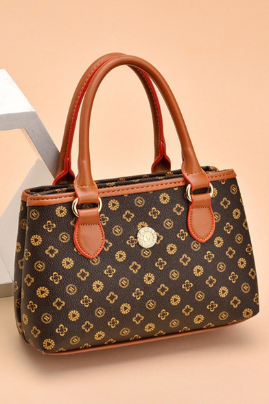 Stylish Printed Button Embellishment Brown Tote Handbag with Zipper for Women 22*7*14 CM