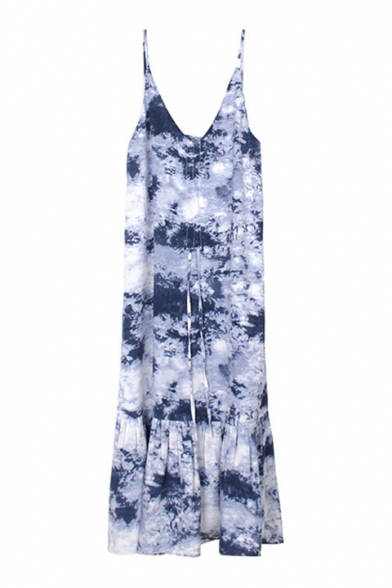 Summer Chic Stylish Tie Dye V-Neck Sleeveless Drawstring Frint Maxi Ruffle Cami Dress