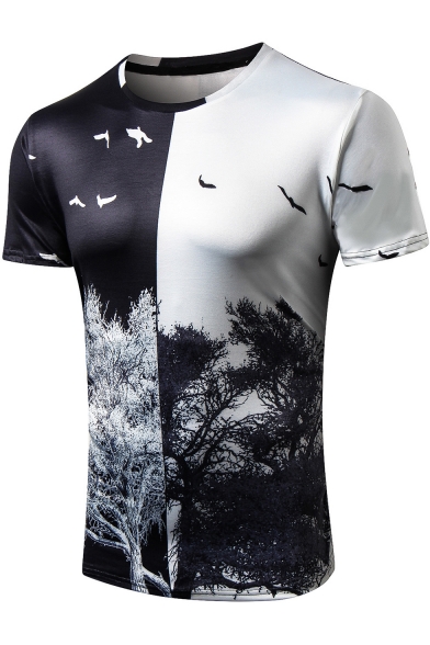 Summer Creative Two-Tone Tree Bird Pattern Black and White Slim T-Shirt