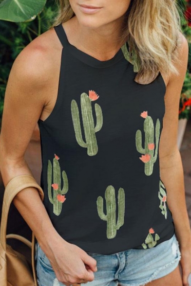 Summer Cute Cactus Pattern Sleeveless Relaxed Loose Black Cami Top
