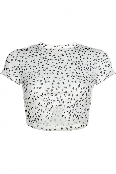 Summer Fashion Printed Basic Round Neck Short Sleeve Stretch Fit White Crop T-Shirt