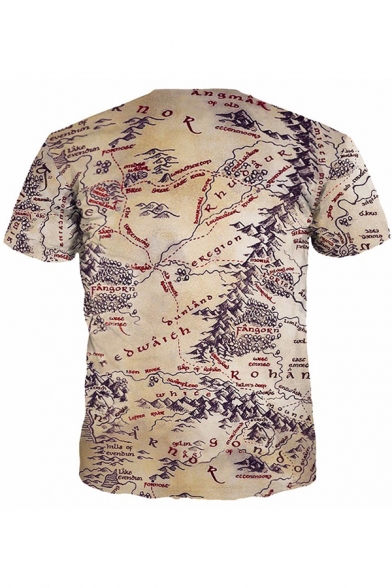 Summer Men's Unique Map Of Middle Earth Printed Round Neck Short Sleeve Khaki Tee