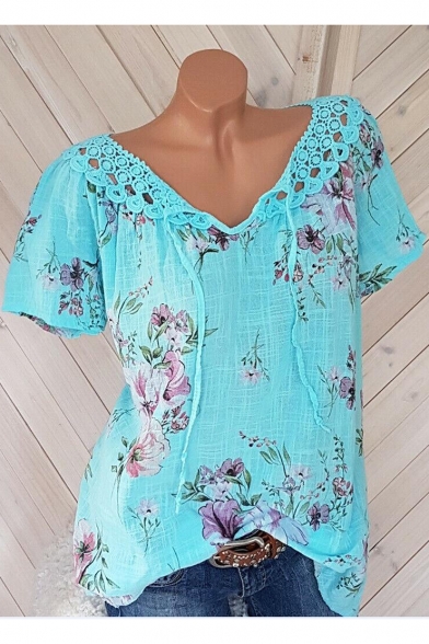 Summer New Stylish V-Neck Short Sleeve Floral Print Lace Hem T-Shirt For Women