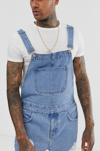 Summer Stylish Destroyed Ripped Rolled Cuff Light Blue Casual Denim Overalls Rompers Shorts for Men
