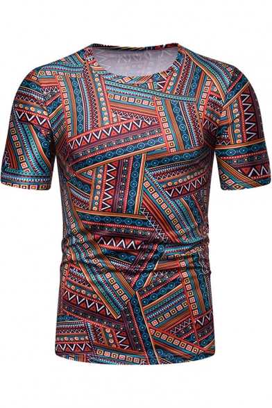 Trendy African Tribal Printed Round Neck Short Sleeve Slim Fit T-Shirt