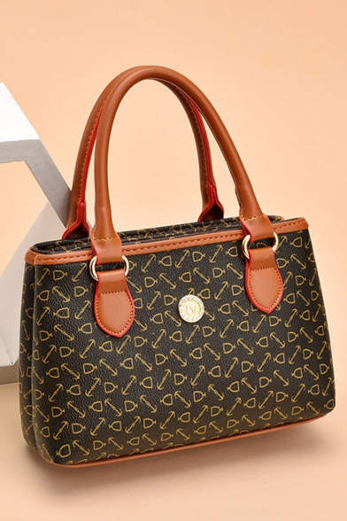 Trendy Allover Printed Button Embellishment Brown Tote Handbag for Women 22*7*14 CM