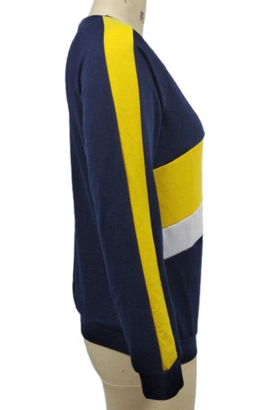 Trendy Color Block Round Neck Long Sleeve Casual Loose Pullover Navy Sweatshirt
