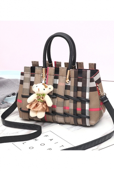 Trendy Colorblock Stripe Printed Bear Pendant Braided Satchel Tote Handbag for Women 29*15*27 CM