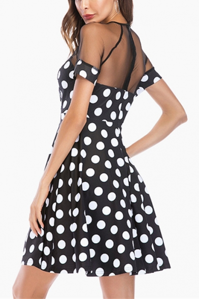 Trendy Polka Dot Pattern Mesh Panel Round Neck Short Sleeve Mini A-Line Dress