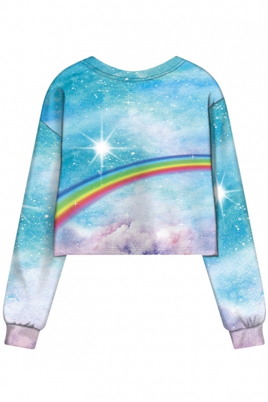 Trendy Rainbow Unicorn Printed Round Neck Long Sleeve Cropped Blue Sweatshirt