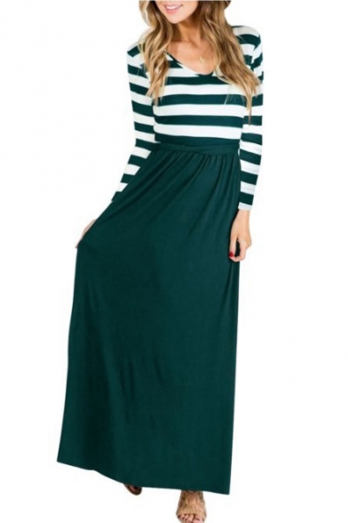 Trendy Striped Printed V-Neck Long Sleeve Tied Waist Maxi Dress for Women