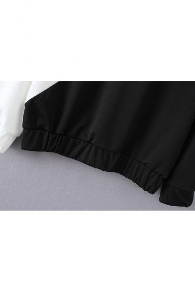 Unique Colorblock Round Neck Long Sleeve Elastic Hem Loose Casual Black and White Sweatshirt