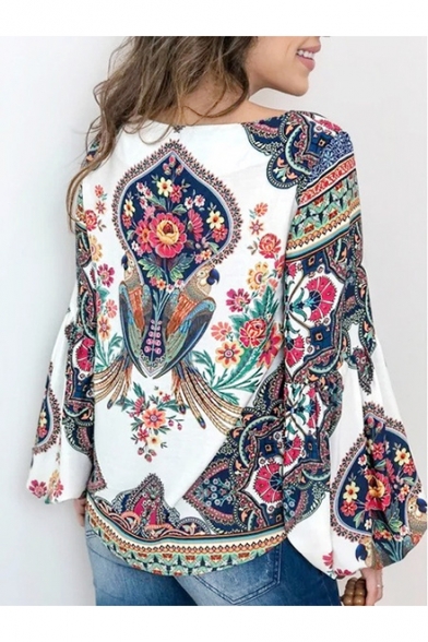 Unique Tribal Print Cut Out Tassel Detail Round Neck Lantern Sleeve Holiday Blouse Top