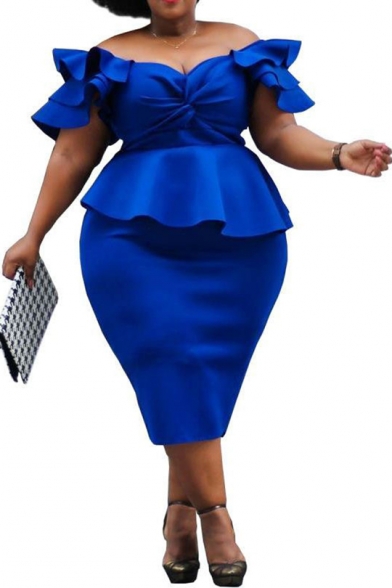 Women's Blue Off the Shoulder Flutter Sleeve Plain Knot Detail Open Back Ruffle Midi Bodycon Pencil Dress