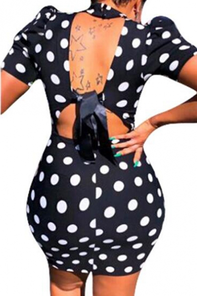 Women's Classic Polka Dot Printed Black Short Sleeve Open Back Bow Tie Mini Bodycon Dress