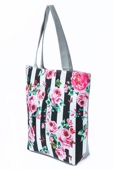 Women's Fashion Floral Stripe Pattern Black and White Shoulder Tote Shopper Bag 27*11*38 CM