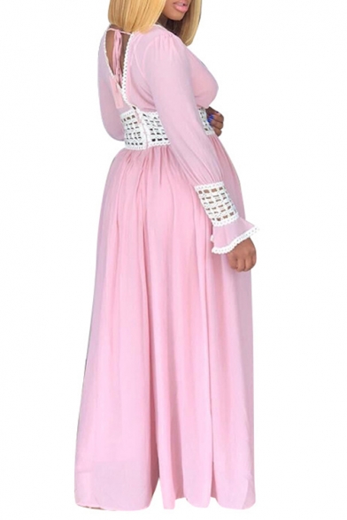 Women's Fashion V-Neck Ruffle Long Sleeve Plain Cutout Detail Maxi Shift Pink Dress