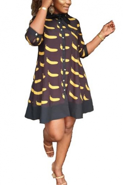 Women's Funny Banana Print Half Sleeve Bow Round Neck Button-Front Mini A-Line Brown Dress