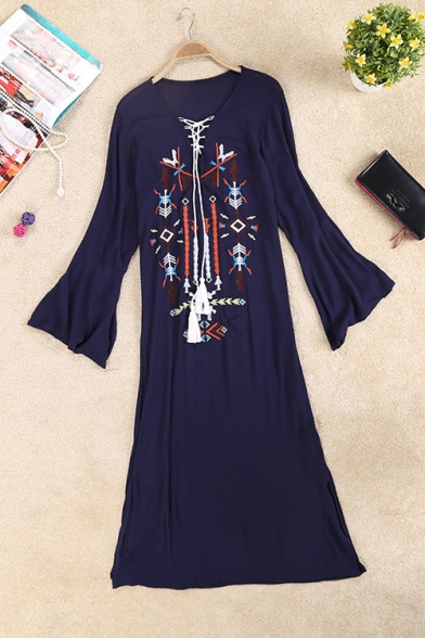 Women's Hot Fashion V-Neck Long Sleeve Tribal Printed Embroidered Midi Linen Swing Dress