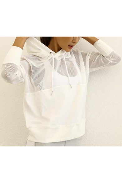 Women's Sport Mesh Patched Quick Drying Breathable Drawstring Hood Long Sleeve Hoodie