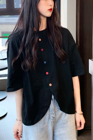 Womens Casual Loose Chic Colorful Button Front Round Neck Cotton Blouse Top