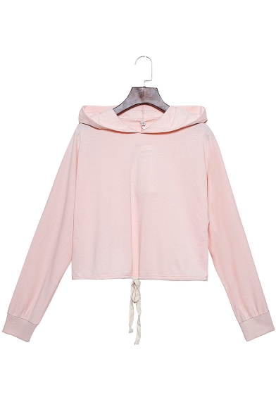 Womens Chic Pink Simple Solid Color Long Sleeve Drawstring Hem Cropped Casual Hoodie