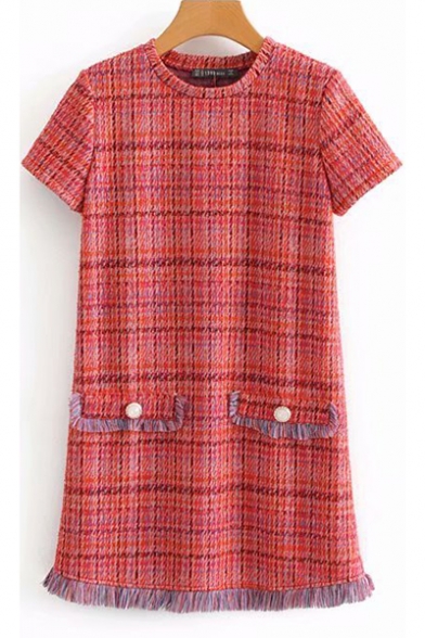 Womens Chic Plaid Pattern Round Neck Short Sleeve Tassel Hem Mini Tweed Dress