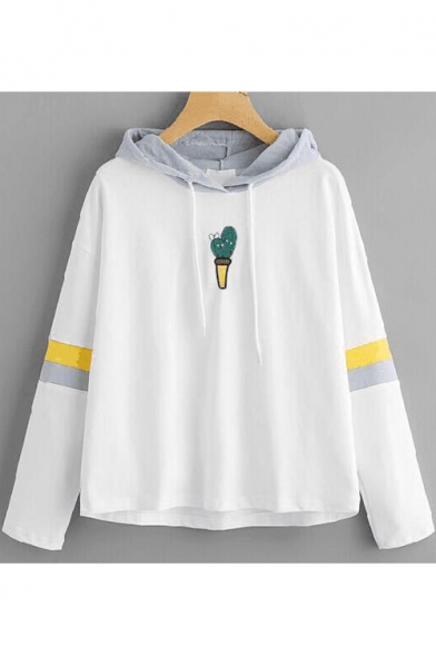Womens Cute Cartoon Cactus Embroidery Striped Long Sleeve White Relaxed Hoodie