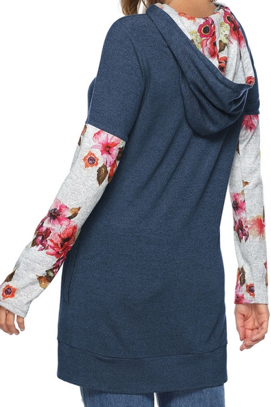 Womens Fashion Floral Print Long Sleeve Slim Fit Tunic Hoodie