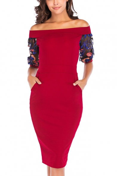 Womens Hot Trendy Chic Floral Embroidery Sleeve Off the Shoulder Midi Pencil Dress
