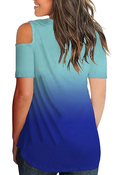 Womens New Stylish Ombre Color V-Neck Cold Shoulder Short Sleeve Fitted T-Shirt