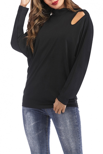 Womens Sexy Cold Shoulder Long Sleeve Simple Plain Black Loose Leisure Sweatshirt
