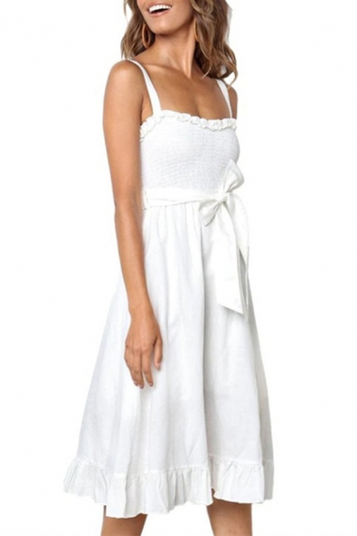 Womens Simple Solid Color Sleeveless Sash Detail Tied Waist Midi A-Line Ruffled Strap Dress