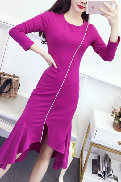 Womens Solid Color Round Neck Long Sleeve Midi Fishtail Ruffled Dress