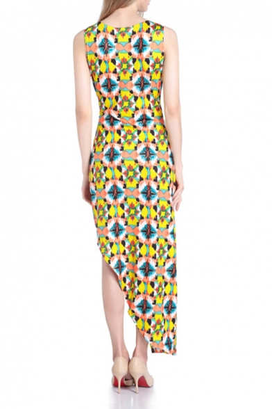 Womens Summer Fashion Yellow Printed V-Neck Sleeveless Tied Waist Maxi Asymmetrical Dress