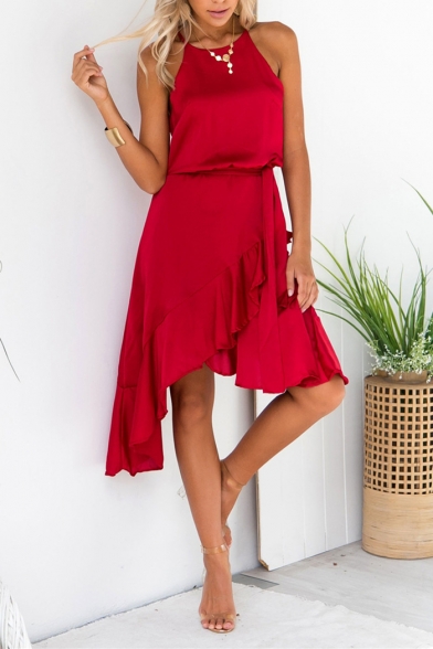 Womens Summer Halter Sleeveless Ruffle Asymmetric Hem Plain Midi Dress