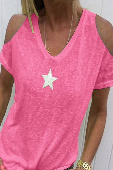 Womens Summer Simple Star Printed V-Neck Cold Shoulder Short Sleeve Loose T-Shirt